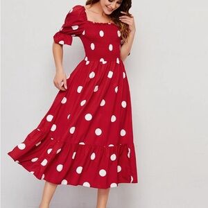 Red Polka Dot Midi Dress with Smocked Bodice